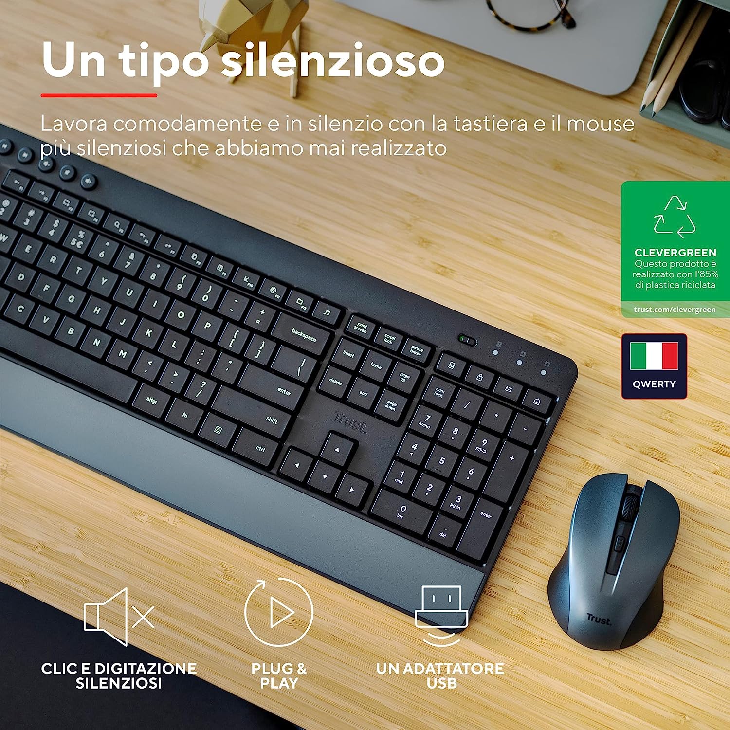 Trust Trezo Tastiera e mouse wireless confortevoli Nero IT