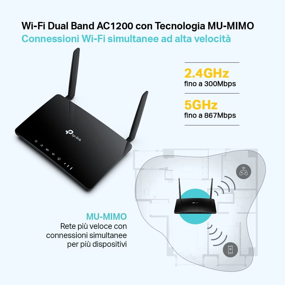 Tp-link ARCHERMR500 Router Ac1200 Wifi Dual Band 300mbps 4g+ Lte Nero