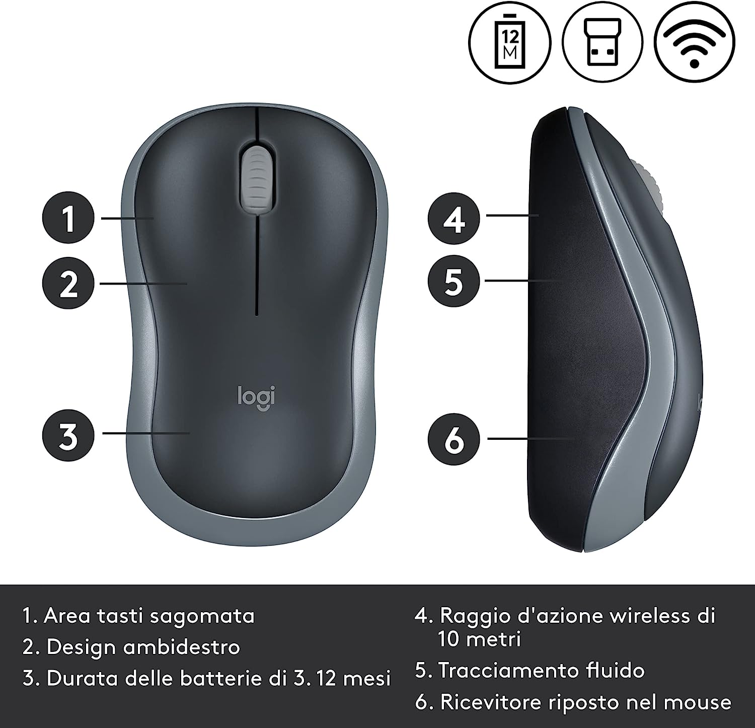 Logitech 910002235 Mouse Wireless M185 Grigio