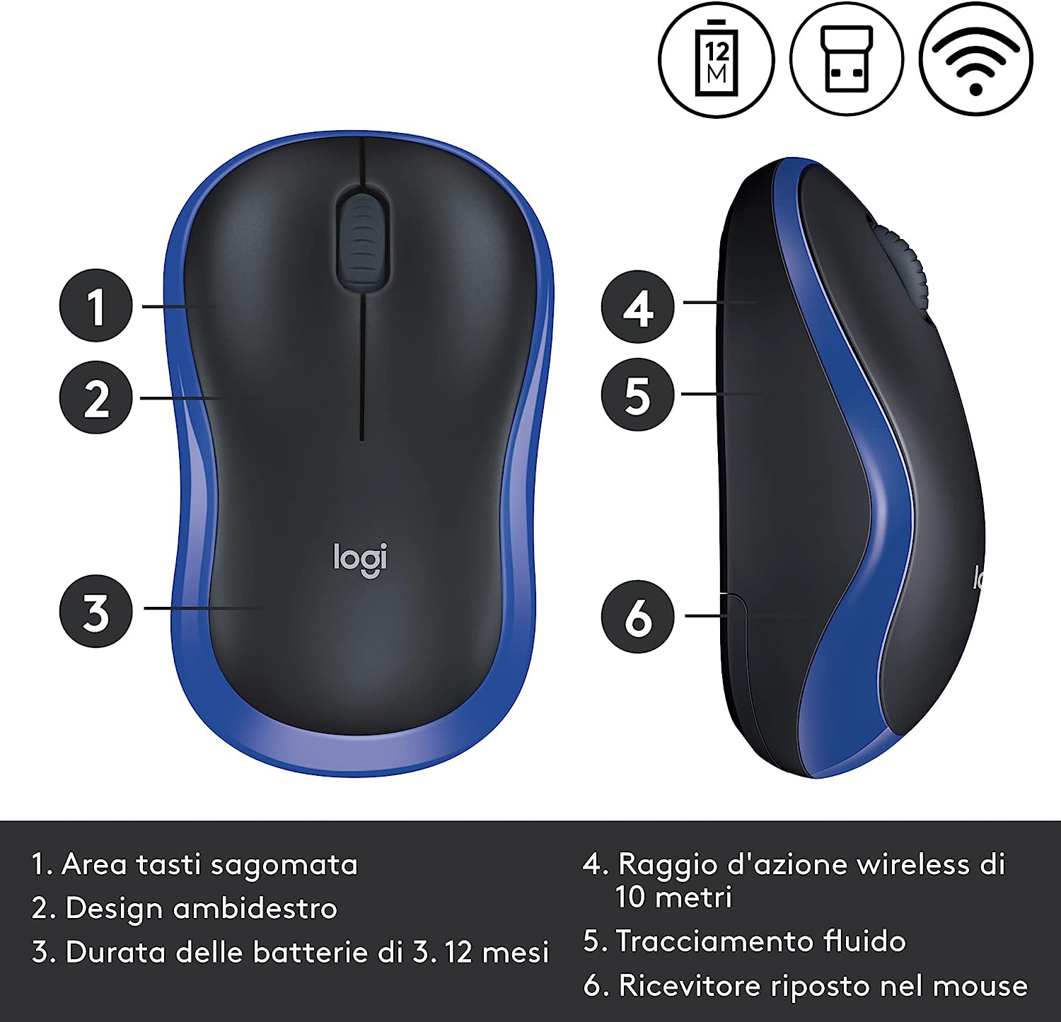 Logitech 910002236 Mouse Wireless M185 Blu