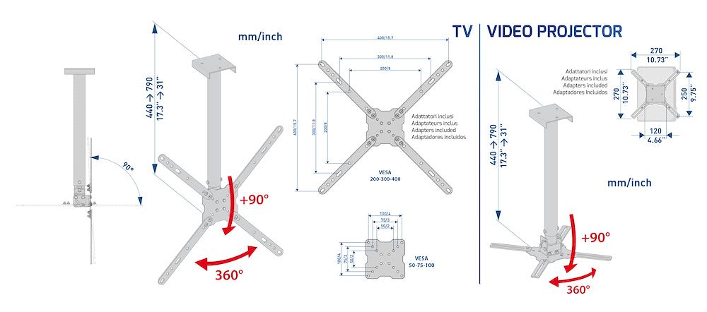 Meliconi 480862 Supp.soffitto X Tv+videoproit.max35kg Slimstyle400