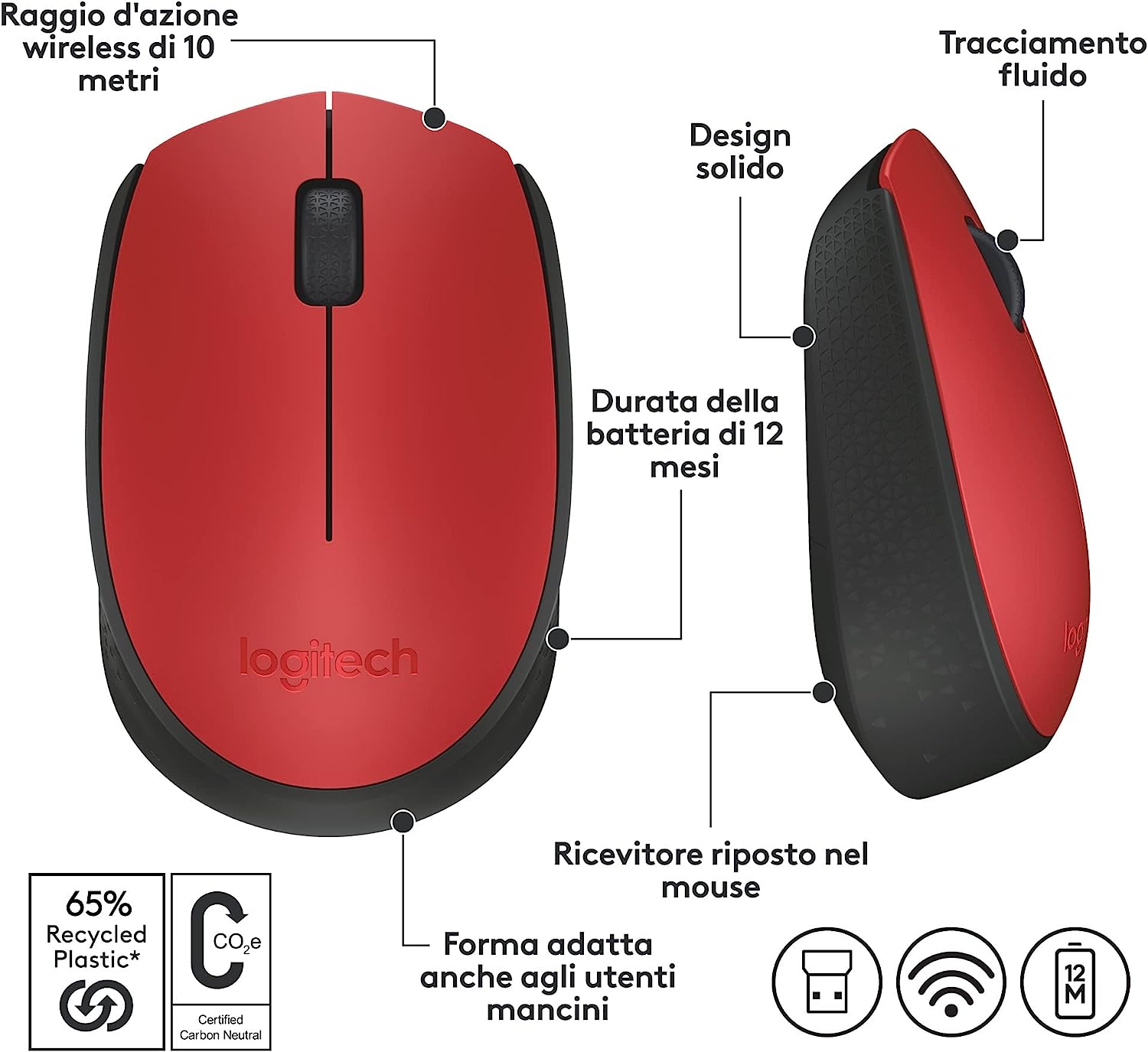 Logitech 910004641 Mouse Wireless 10mt M171 Nero/rosso