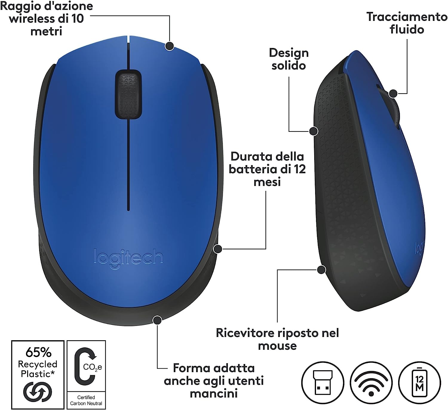 Logitech 910004640 Mouse Wireless 10mt M171 Nero, Blu