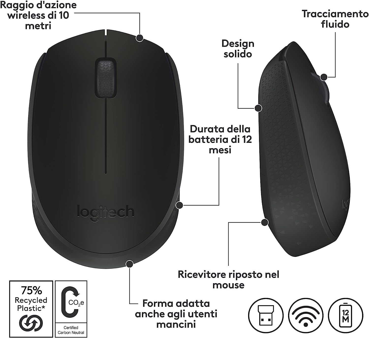 Logitech 910004424 Mouse Wireless 10mt M171 Nero