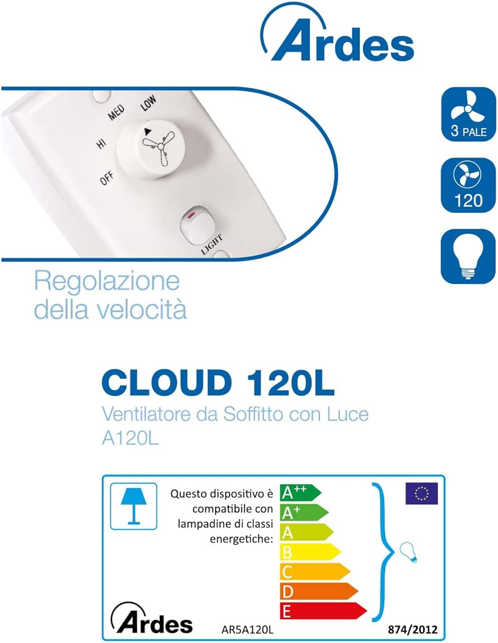Ardes AR5A120L Vent.soffitto Diam.120cm 3pale 5vel. C/luce
