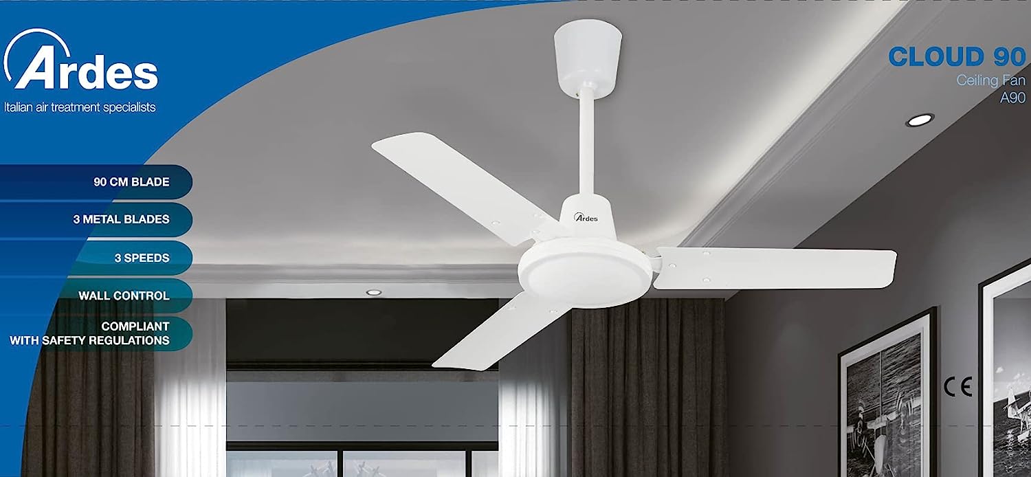 Ardes AR5A90 Vent.soffitto Diam.90cm 3pale 5vel.com.muro Opz.wh