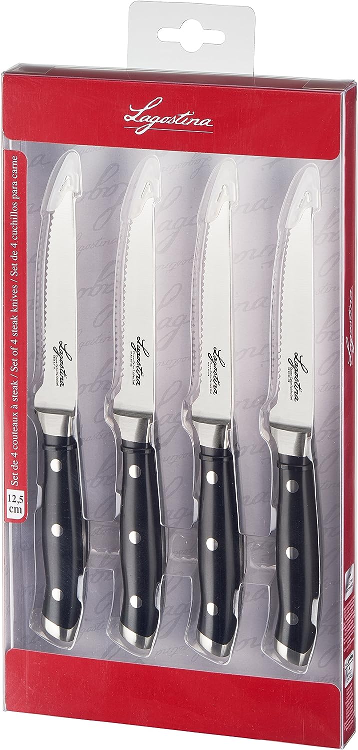 Lagostina 450500804 Set 4 Coltelli Bistecca, Nero E Acciaio