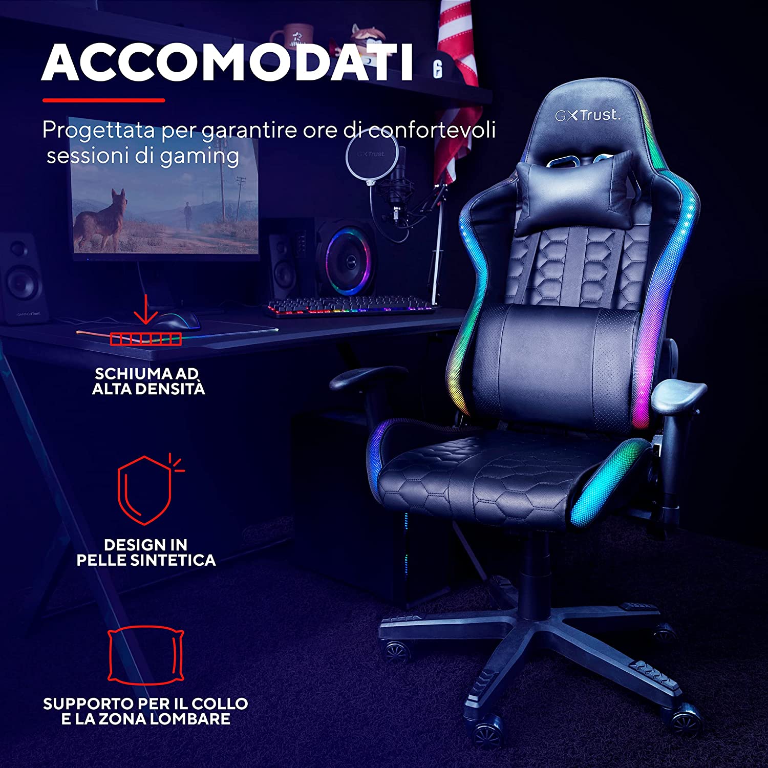 Trust Gaming GXT 716 Rizza Sedia gaming illuminata LED RGB Nero