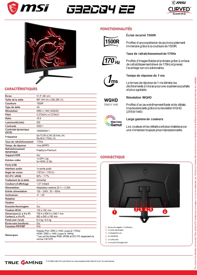 Msi G32CQ4E2 Monitor Curvo 31.5