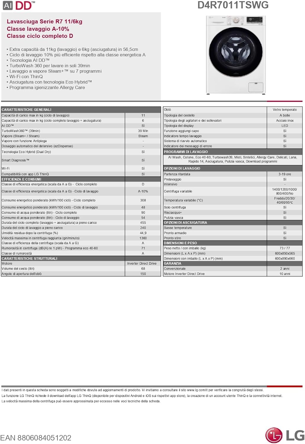 Lg D4R7011TSWG Lavasc.c/f 1400g L.11kg-asc.6kg Ce.d Vap Wifi Aidd