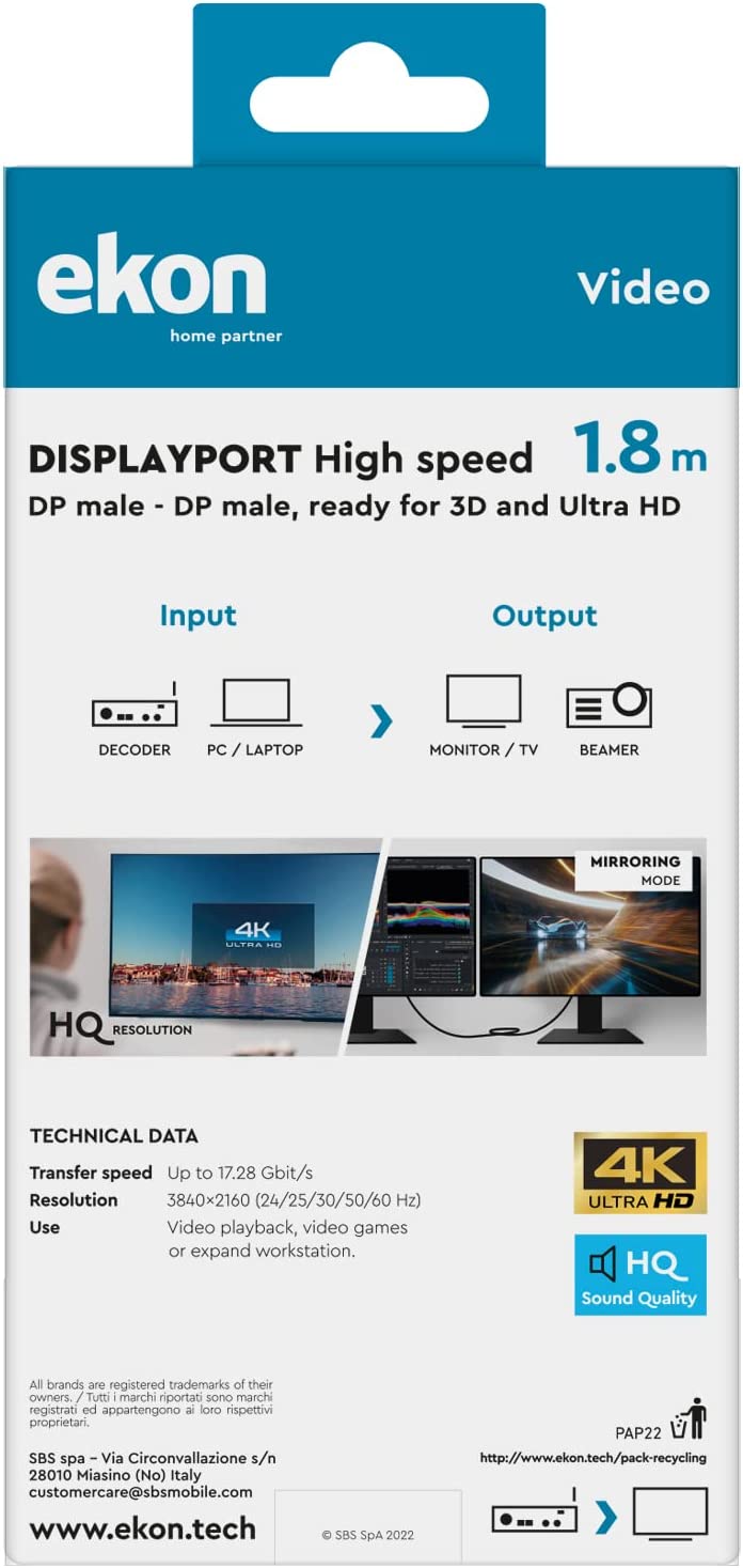 Ekon ECITDPORT18MMK Cavo Display Port 1.8mt Nero